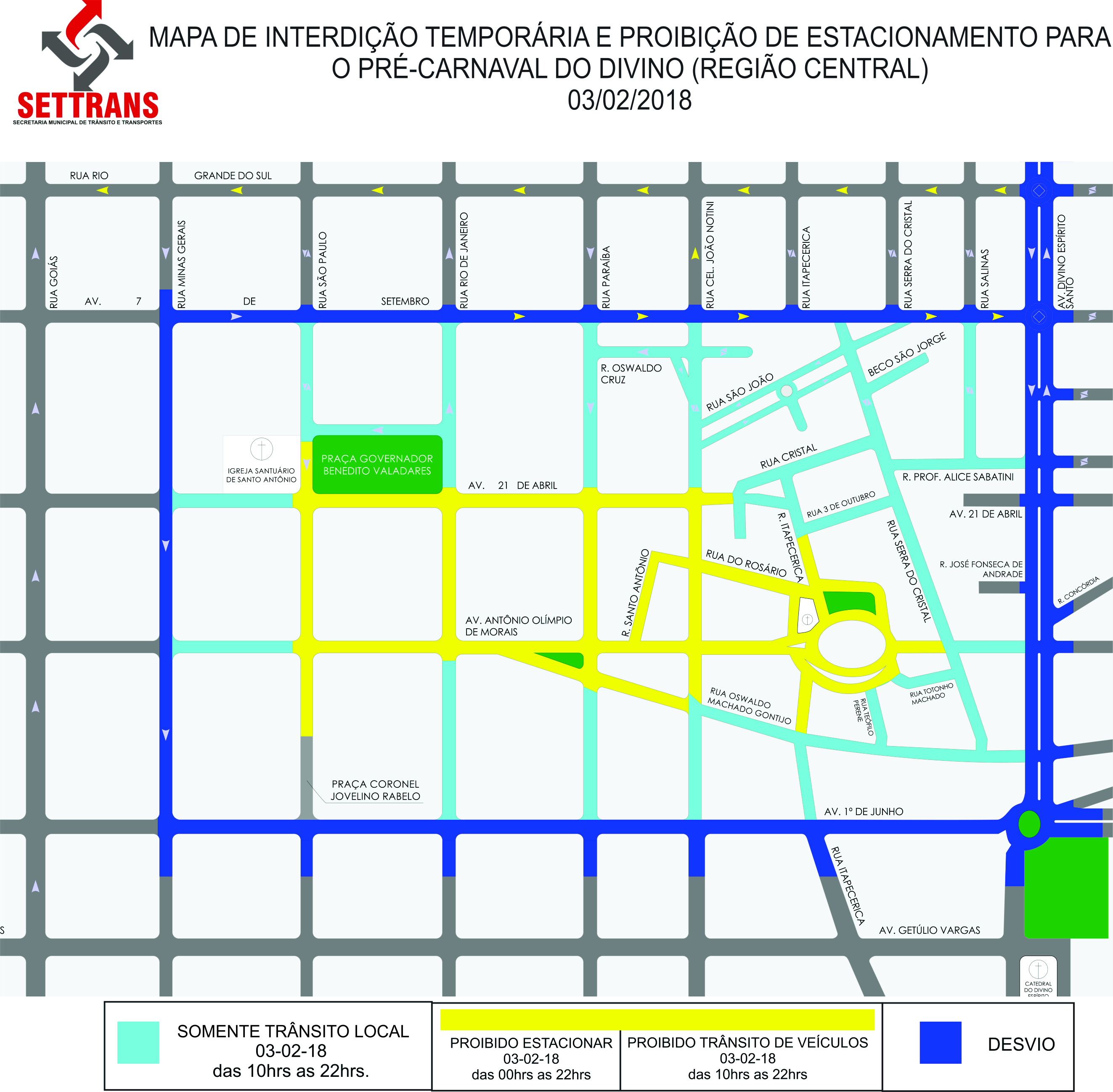 Mapa de interdição temporária de vias e proibição de estacionamento disponibilizado pela Settrans